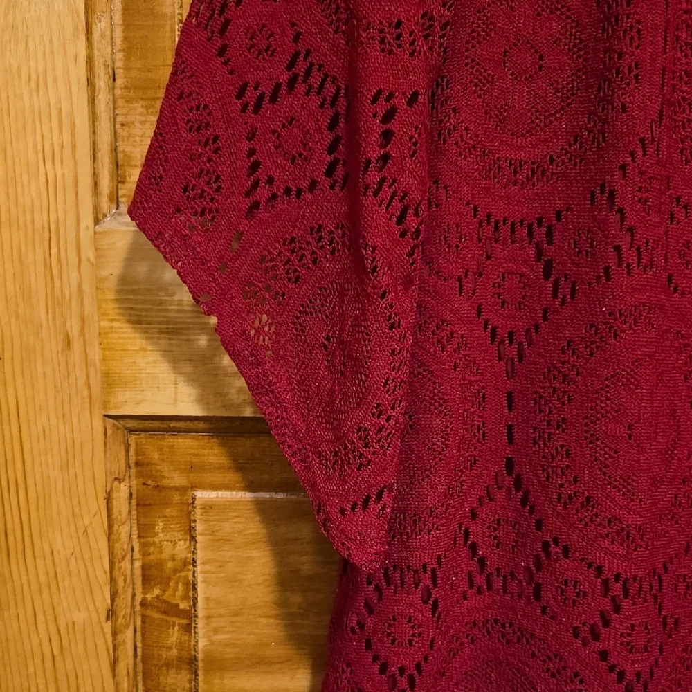 Tacera Boho Red Lace Batwing 3/4 Sleeve Blouse M - Picture 3 of 4